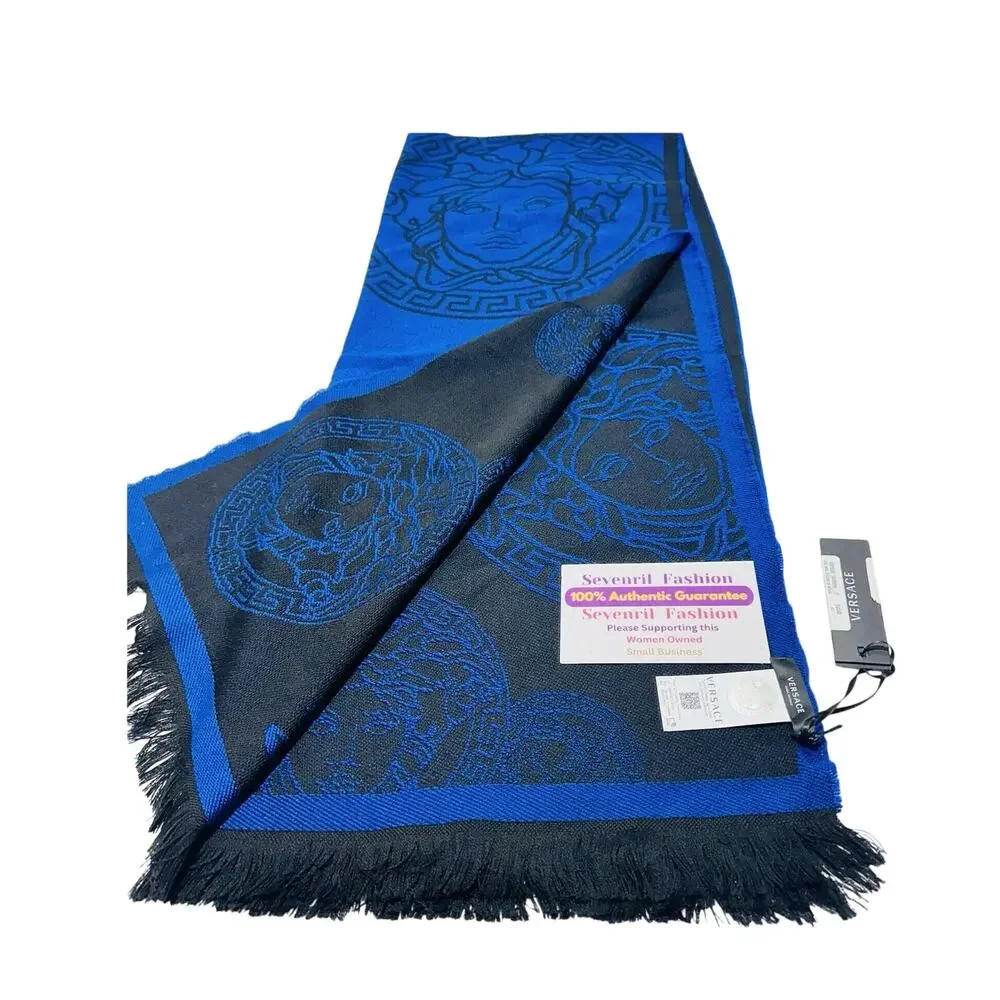 NWT Versace Medusa Reversible Wool Black Blue Knit Scarf Shawl Size 70